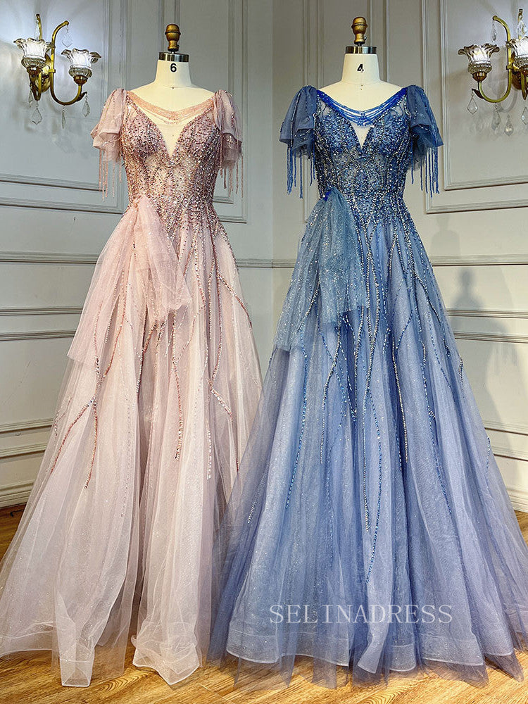 Luxury A-line Scoop Short Sleeve Evening Gowns Beaded Formal Dresses LA72066|Selinadress