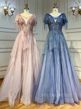 Luxury A-line Scoop Short Sleeve Evening Gowns Beaded Formal Dresses LA72066|Selinadress