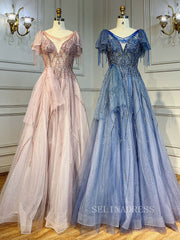 Luxury A-line Scoop Short Sleeve Evening Gowns Beaded Formal Dresses LA72066|Selinadress