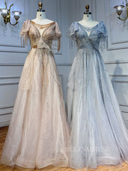 Luxury A-line Scoop Short Sleeve Evening Gowns Beaded Formal Dresses LA72066|Selinadress