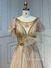 Luxury A-line Scoop Short Sleeve Evening Gowns Beaded Formal Dresses LA72066|Selinadress