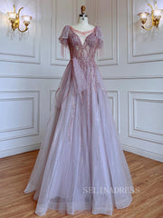 Luxury A-line Scoop Short Sleeve Evening Gowns Beaded Formal Dresses LA72066|Selinadress