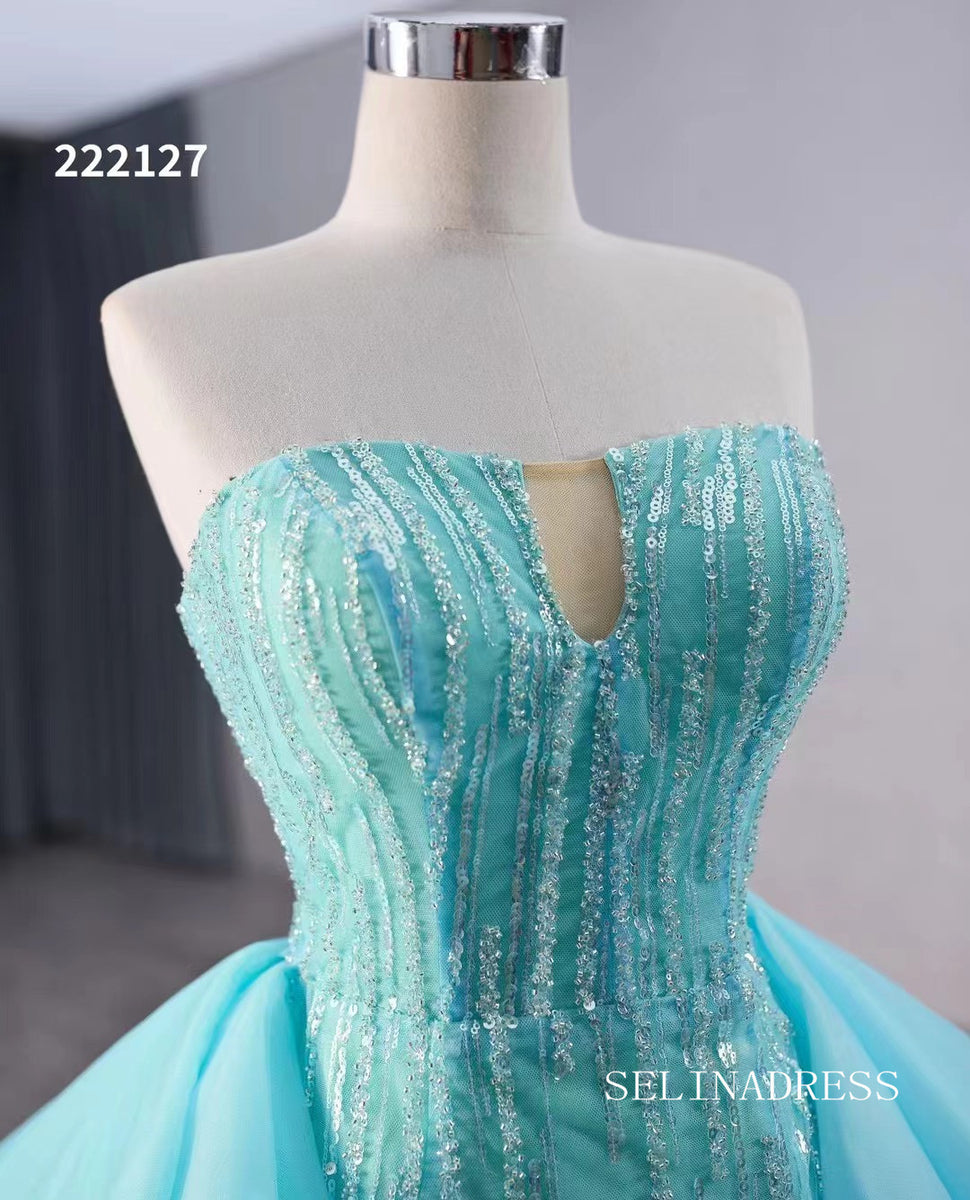 luxury Aqua Blue Beaded Wedding Dresses With Overskirt Strapless Forma