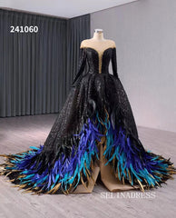 luxury Bateau Sequins Wedding Dresses With Feather Colorful Formal Gown 241060|Selinadress