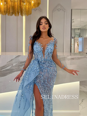 Luxury Beaded Light Sky Blue Evening Dresses Long Sleeve Thigh Split Formal Dress TKH006|Selinadress