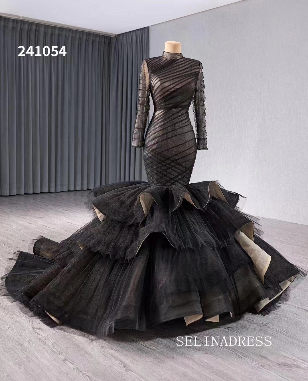 luxury Black High Neck Tulle Wedding Dresses With Long Sleeve Formal Gown 241054|Selinadress