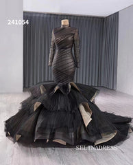 luxury Black High Neck Tulle Wedding Dresses With Long Sleeve Formal Gown 241054|Selinadress