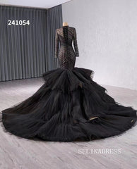 luxury Black High Neck Tulle Wedding Dresses With Long Sleeve Formal Gown 241054|Selinadress
