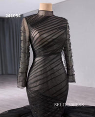 luxury Black High Neck Tulle Wedding Dresses With Long Sleeve Formal Gown 241054|Selinadress