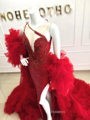 Luxury Deep V neck Red Beadeing Long Prom Dress Evening Gowns With High Split TKL614|Selinadress