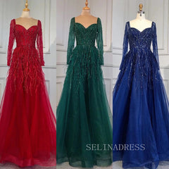 Luxury Long Sleeve Feather Beaded Evening Gowns Long Formal Dresses LA71468|Selinadress