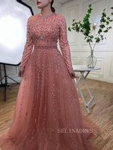 Luxury Long Sleeve Pink Beaded Evening Gowns Long Formal Dresses LA71803C|Selinadress