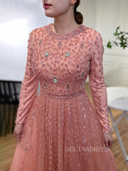 Luxury Long Sleeve Pink Beaded Evening Gowns Long Formal Dresses LA71803C|Selinadress