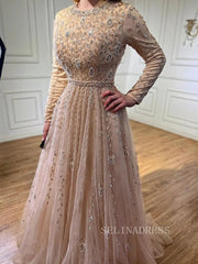 Luxury Long Sleeve Pink Beaded Evening Gowns Long Formal Dresses LA71803C|Selinadress