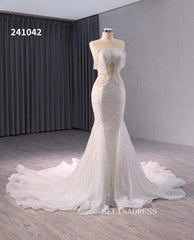Luxury Mermaid Beaded Wedding Dress Sleeveless Bridal Gowns 241042|Selinadress