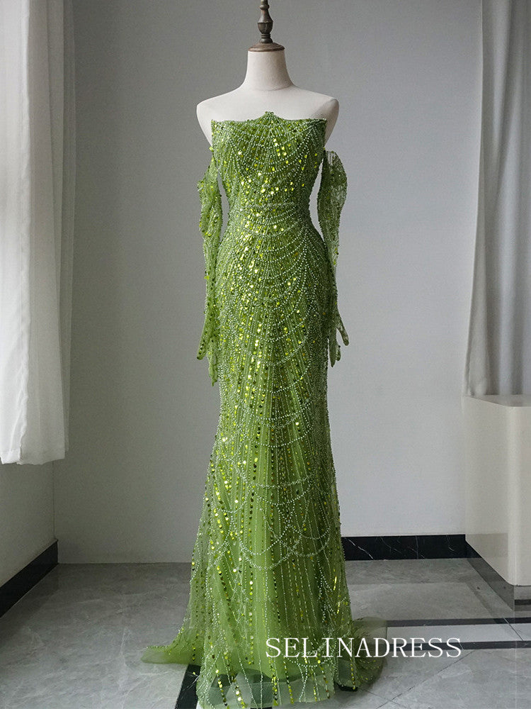 Luxury Mermaid Green Strapless Long Prom Dress With Full Beaded Long Sleeve Evening Gowns CRN021 Luxury Mermaid Green Strapless Long Prom Dress With Full Beaded Long Sleeve Evening Gowns CRN021