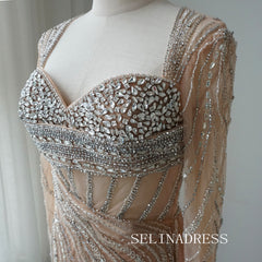 Luxury Mermaid Long Sleeve Beaded Long Prom Dress Elegant Evening Gowns CRN015|Selinadress