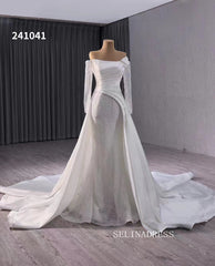 Luxury Mermaid Long Sleeve Wedding Dress Strapless Beaded Bridal Gowns 241041|Selinadress