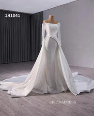 Luxury Mermaid Long Sleeve Wedding Dress Strapless Beaded Bridal Gowns 241041|Selinadress