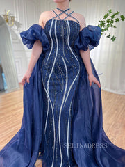 Luxury Mermaid Off-the-shoulder Puff Sleeve Evening Gowns Beaded Formal Dresses LA72072|Selinadress