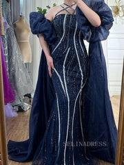 Luxury Mermaid Off-the-shoulder Puff Sleeve Evening Gowns Beaded Formal Dresses LA72072|Selinadress