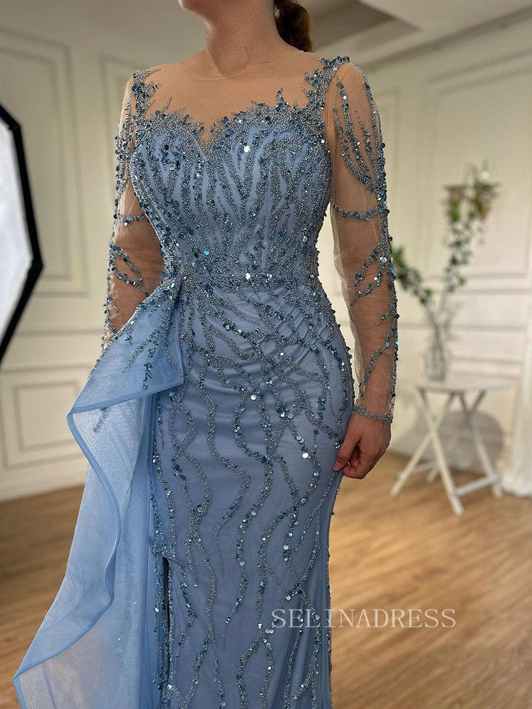 Luxury Mermaid Scoop Long Sleeve Evening Gowns Beaded Formal Dresses L