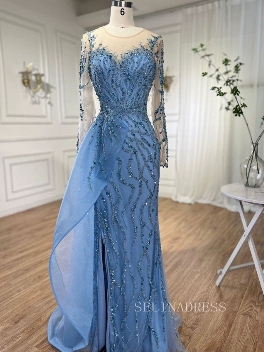 Luxury Mermaid Scoop Long Sleeve Evening Gowns Beaded Formal Dresses L