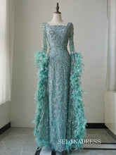 Luxury Mermaid Square Neck Long Prom Dress With Long Sleeve Evening Gowns CRN019|Selinadress