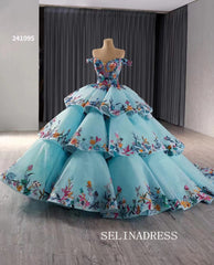 luxury Off-the-Shoulder Blue Quinceanera Dresses Embroidery Ball Gown Quinceañera Gown 241095|Selinadress