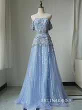 Luxury Off-the-shoulder Long Prom Dress Beaded Light Sky Blue Evening Gowns CRN009|Selinadress