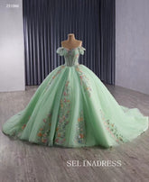 Luxury Off-the-shoulder Mint Green Ball Gown With Floral Lace Long Prom Dress Quincess Dress 251066|Selinadress
