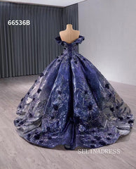 luxury Off-the-shoulder Navy Blue Wedding Dresses Formal Gown 66536B|Selinadress