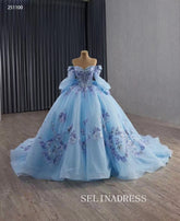 Luxury Off-the-shouler Blue Ball Gown With Long Sleeve Prom Dress Quincess Dress 251100|Selinadress