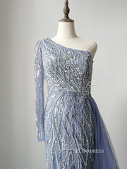 Luxury One Shoulder Elegant Long Sleeve Prom Dress Sparkly Beaded Long Evening Dress Formal Gown FUE012|Selinadress