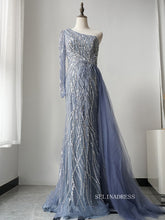 Luxury One Shoulder Elegant Long Sleeve Prom Dress Sparkly Beaded Long Evening Dress Formal Gown FUE012|Selinadress