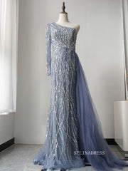Luxury One Shoulder Elegant Long Sleeve Prom Dress Sparkly Beaded Long Evening Dress Formal Gown FUE012|Selinadress