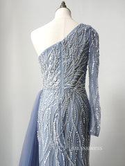 Luxury One Shoulder Elegant Long Sleeve Prom Dress Sparkly Beaded Long Evening Dress Formal Gown FUE012|Selinadress