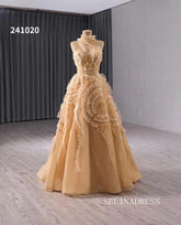 luxury One Shoulder High Neck Wedding Dresses Champagne Formal Gown 241020|Selinadress