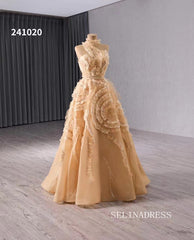 luxury One Shoulder High Neck Wedding Dresses Champagne Formal Gown 241020|Selinadress