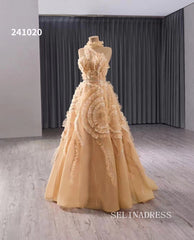 luxury One Shoulder High Neck Wedding Dresses Champagne Formal Gown 241020|Selinadress