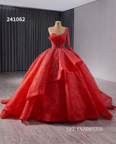 luxury One Shoulder Lace Beaded Wedding Dresses Red Long Sleeve Formal Gown 241062|Selinadress