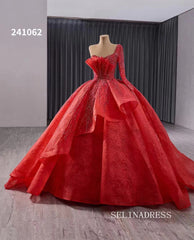 luxury One Shoulder Lace Beaded Wedding Dresses Red Long Sleeve Formal Gown 241062|Selinadress