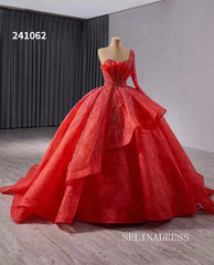 luxury One Shoulder Lace Beaded Wedding Dresses Red Long Sleeve Formal Gown 241062|Selinadress