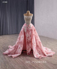 luxury Pink Floral Beaded Wedding Dresses With Overskirt Strapless Pageant Dress 251080|Selinadress