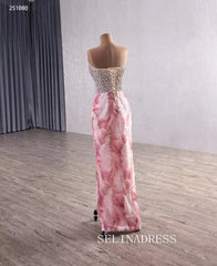 luxury Pink Floral Beaded Wedding Dresses With Overskirt Strapless Pageant Dress 251080|Selinadress