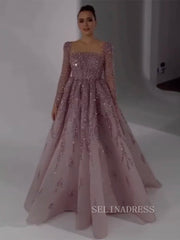 Luxury Scoop Long Sleeve Evening Gowns Beaded Formal Dresses LA71915|Selinadress