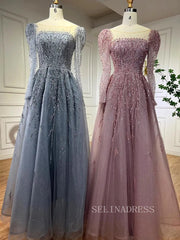 Luxury Scoop Long Sleeve Evening Gowns Beaded Formal Dresses LA71915|Selinadress