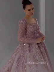 Luxury Scoop Long Sleeve Evening Gowns Beaded Formal Dresses LA71915|Selinadress