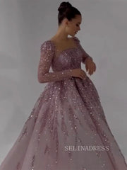 Luxury Scoop Long Sleeve Evening Gowns Beaded Formal Dresses LA71915|Selinadress