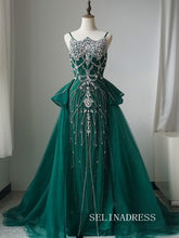 Luxury Spaghetti Straps Green Long Prom Dress With Skirt Elegant Evening Gowns CRN017|Selinadress